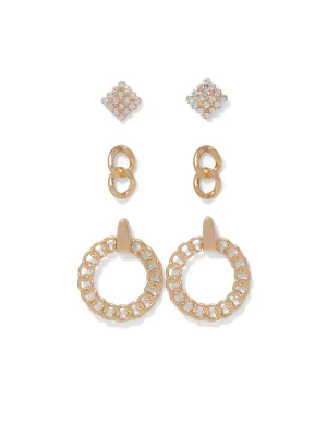 3-Piece Gold-Tone Pave Earrings Set