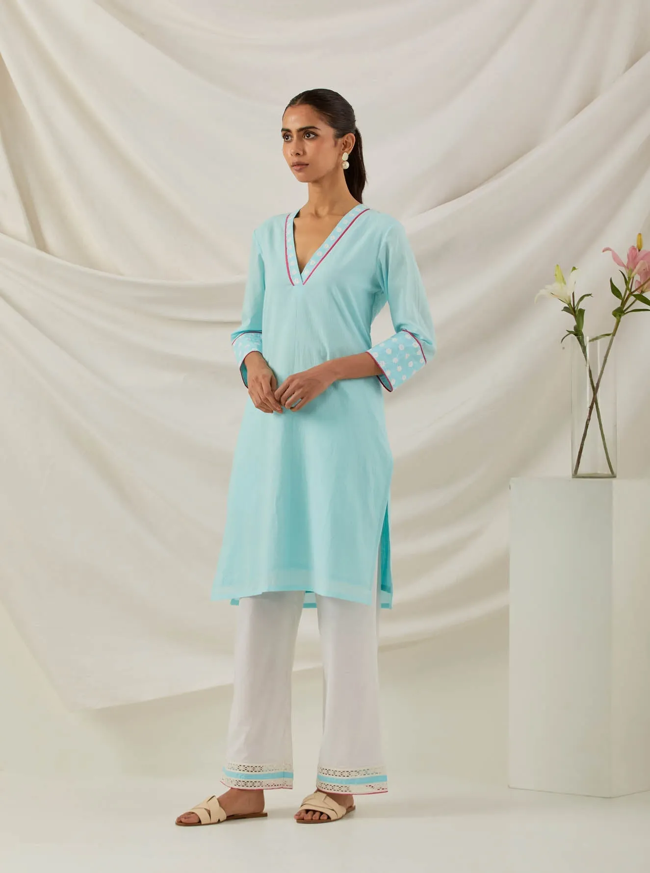 Blue Plain Kali Short Kurta With Chikankari Detail