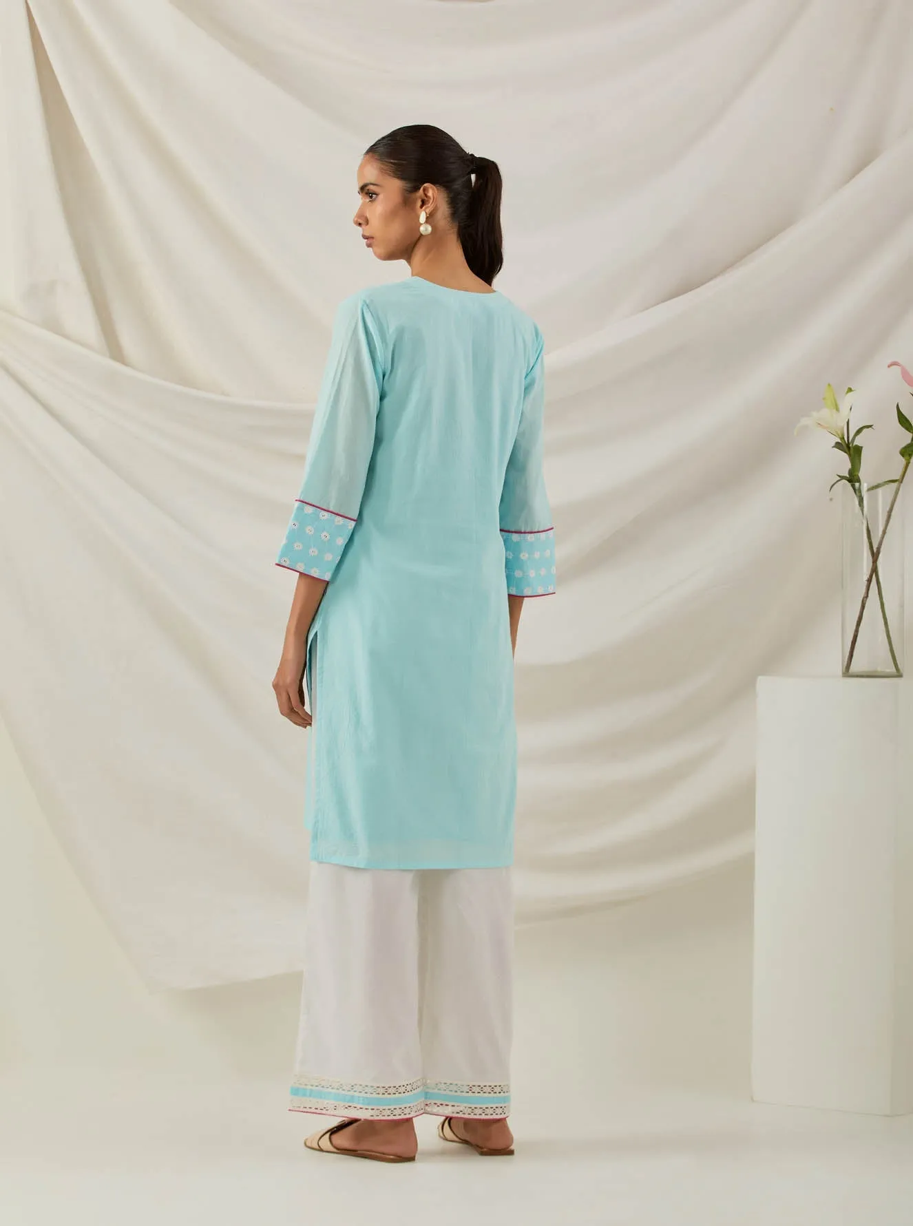 Blue Plain Kali Short Kurta With Chikankari Detail