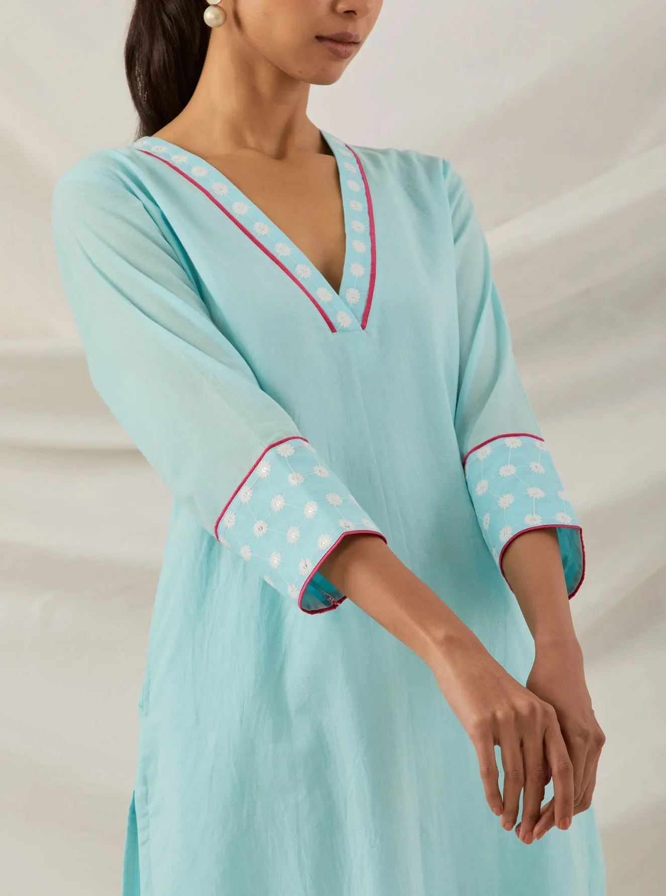Blue Plain Kali Short Kurta With Chikankari Detail