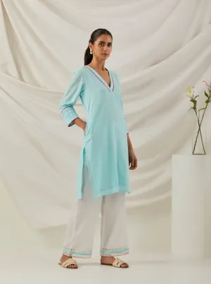 Blue Plain Kali Short Kurta With Chikankari Detail