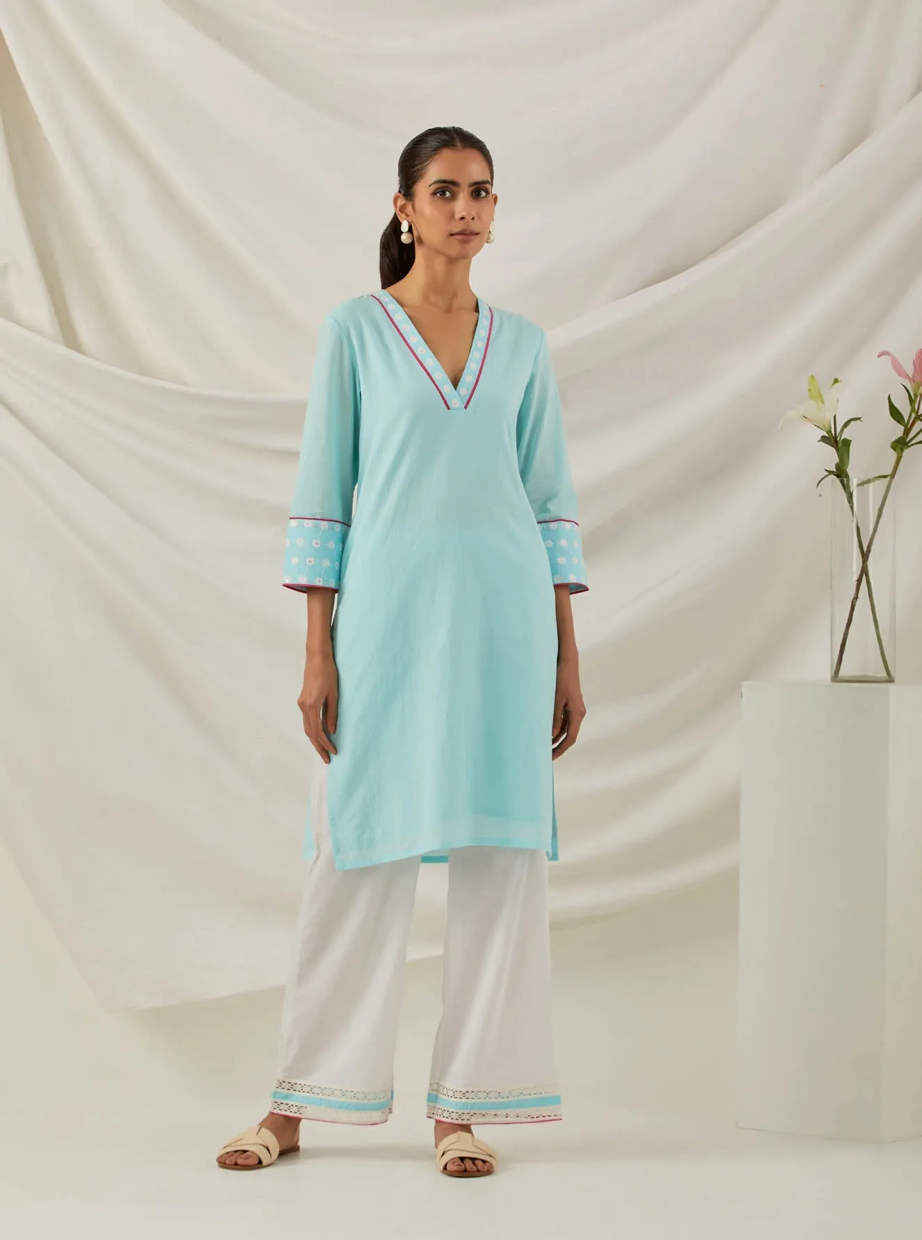 Blue Plain Kali Short Kurta With Chikankari Detail