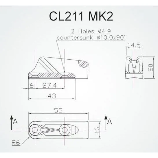 Clamcleat CL211 MK2 AN/S2 with Becket Hard Anodozed 3- 6mm Rope
