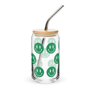 Green and White Smiley Emoji Can-shaped Glass