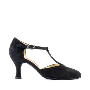 Paoul Natural Turn Ladies Black Suede Argentine Tango Dance Shoe with Rhinestones on T-Bar