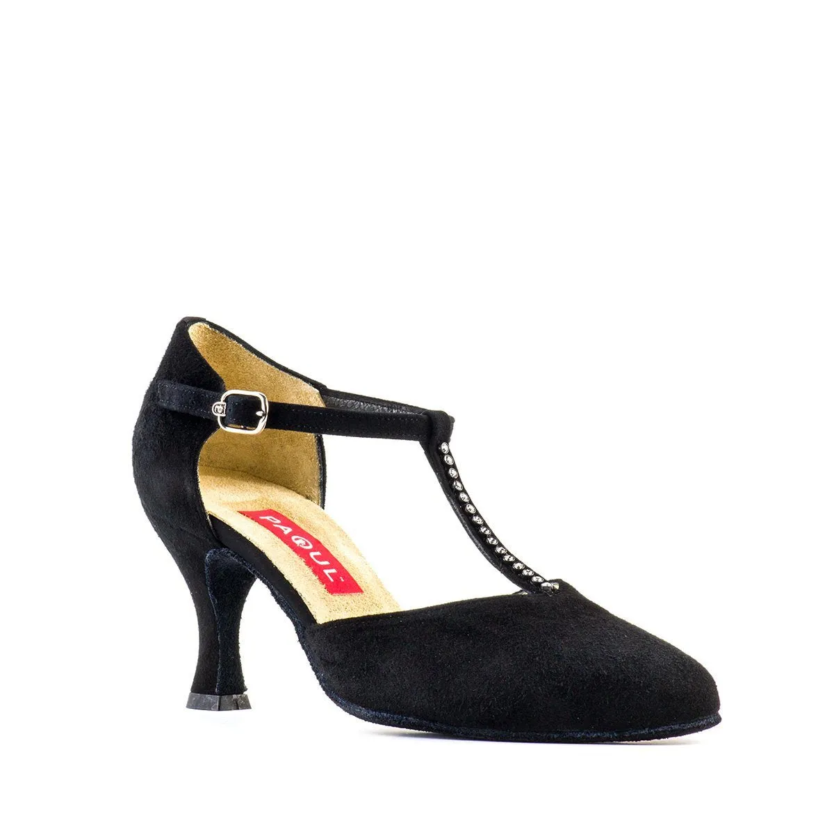 Paoul Natural Turn Ladies Black Suede Argentine Tango Dance Shoe with Rhinestones on T-Bar