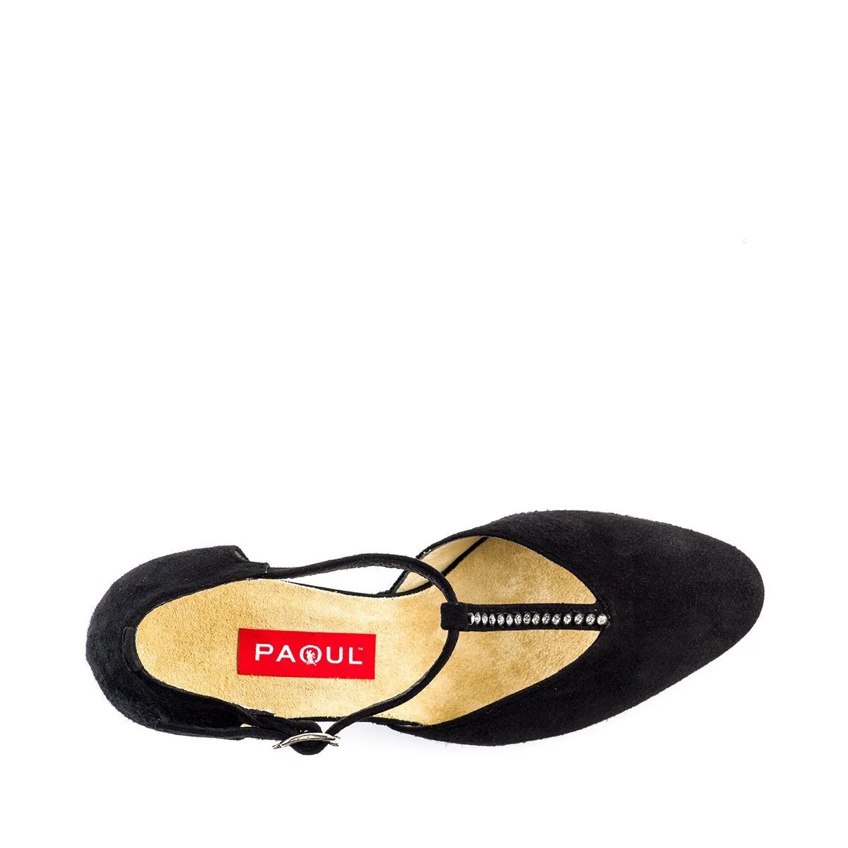 Paoul Natural Turn Ladies Black Suede Argentine Tango Dance Shoe with Rhinestones on T-Bar