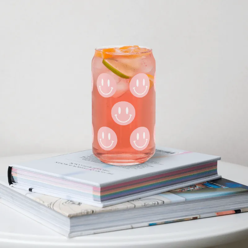 Pink and White Smiley Emoji Can-shaped Glass