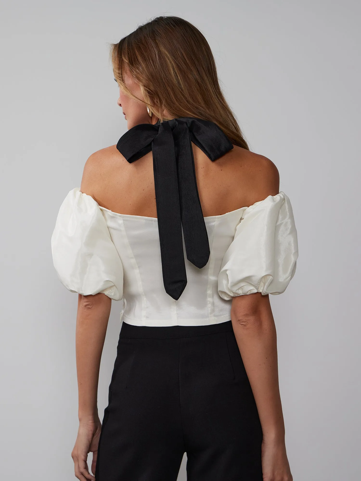 Puff Sleeve Contrast Tie Halter Top