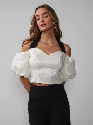 Puff Sleeve Contrast Tie Halter Top