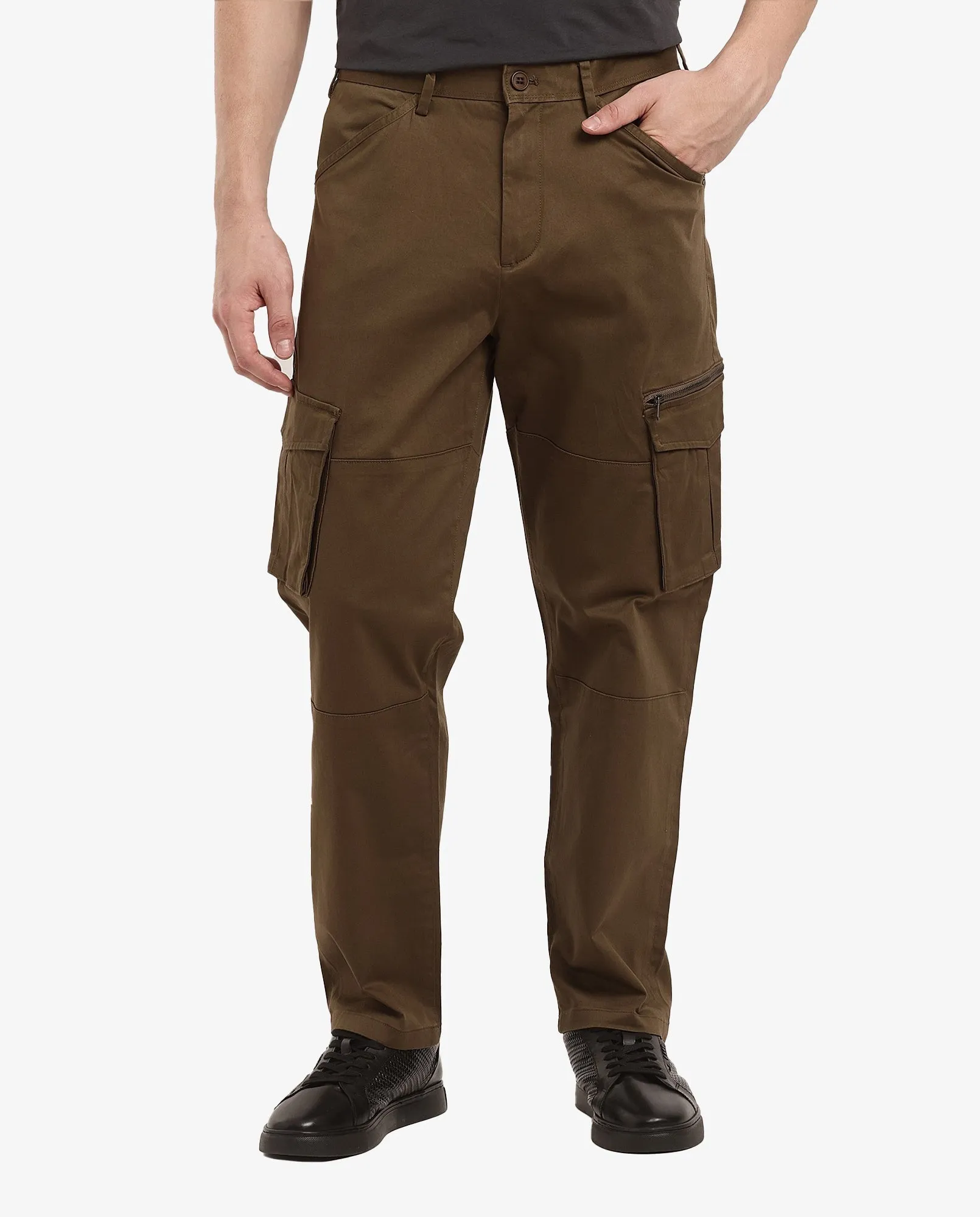 Rare Rabbit Men's Dima Dark Olive Cotton Elastane Fabric Button And Zip Closure Cargo Trouser