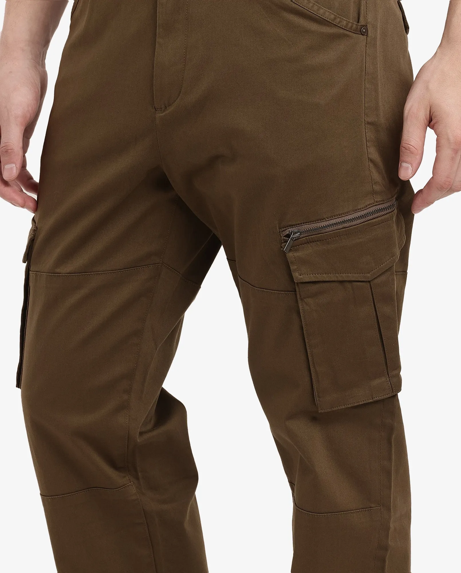 Rare Rabbit Men's Dima Dark Olive Cotton Elastane Fabric Button And Zip Closure Cargo Trouser