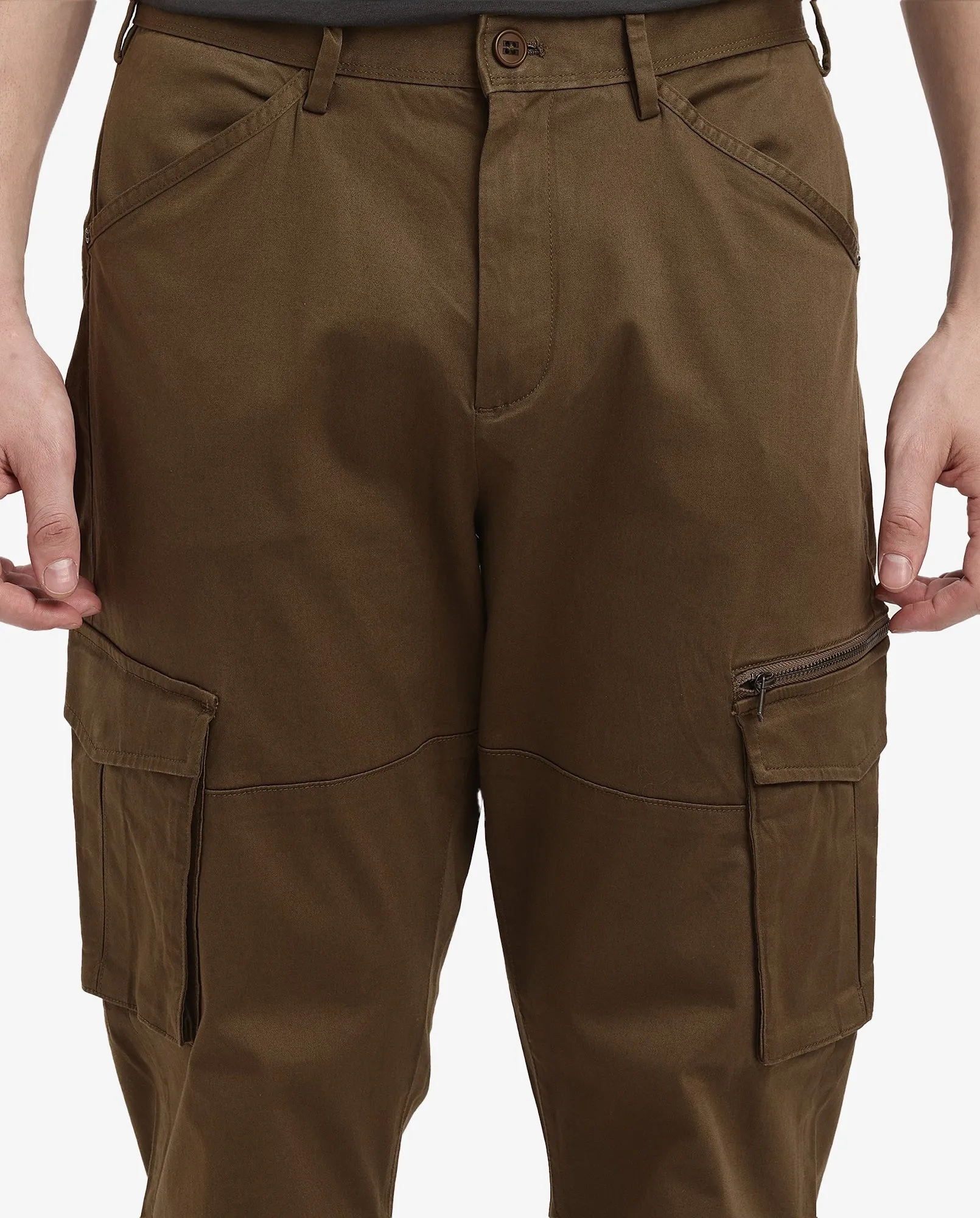 Rare Rabbit Men's Dima Dark Olive Cotton Elastane Fabric Button And Zip Closure Cargo Trouser