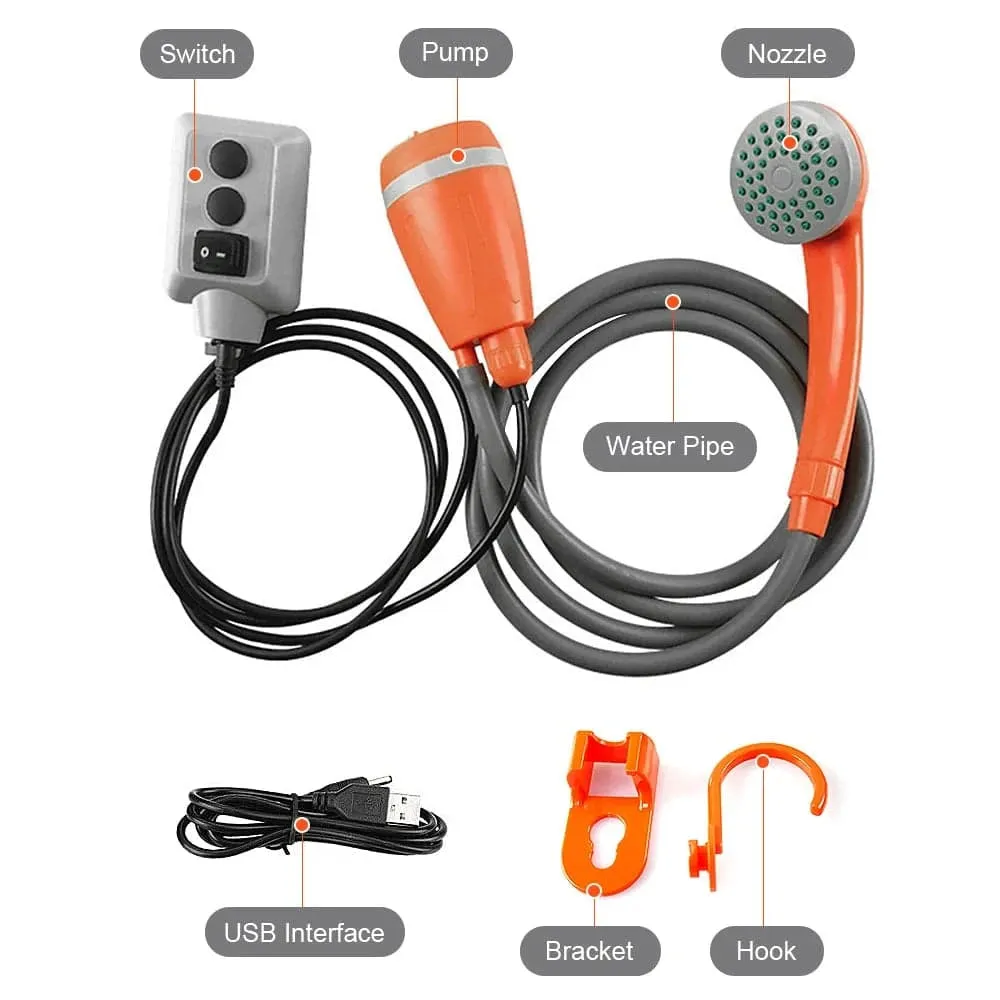 Rechargeable Shower Portable Camping Shower Head Bathing 3.7V Pump 4.9ft for Outdoor Travel Hiking Beach Pet Cleaning Equipment