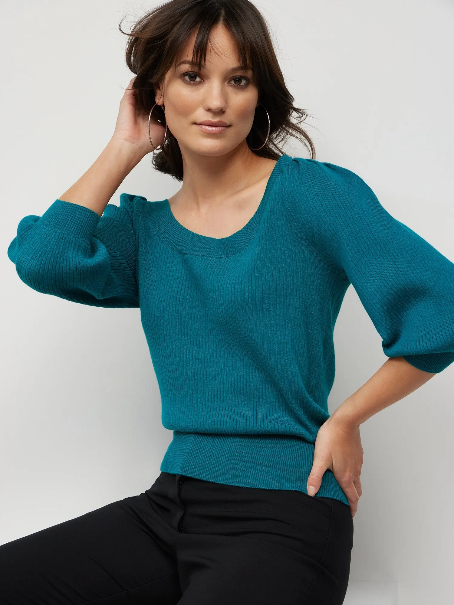 Ribbed Puff-Sleeve Sweater