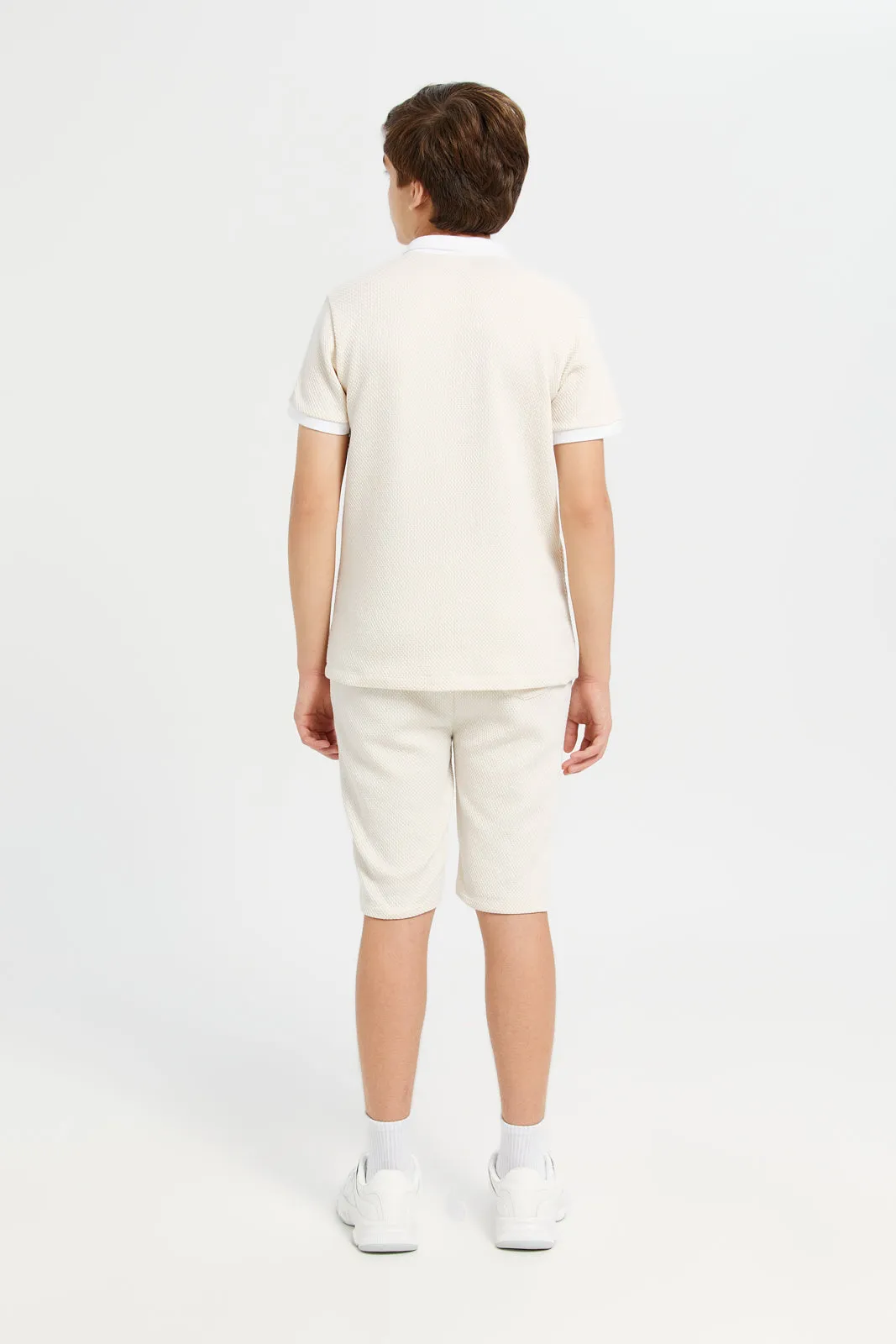 Senior Boys Beige Zip Neck Collared Casual Set (2 Piece)