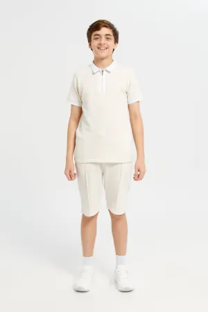 Senior Boys Beige Zip Neck Collared Casual Set (2 Piece)