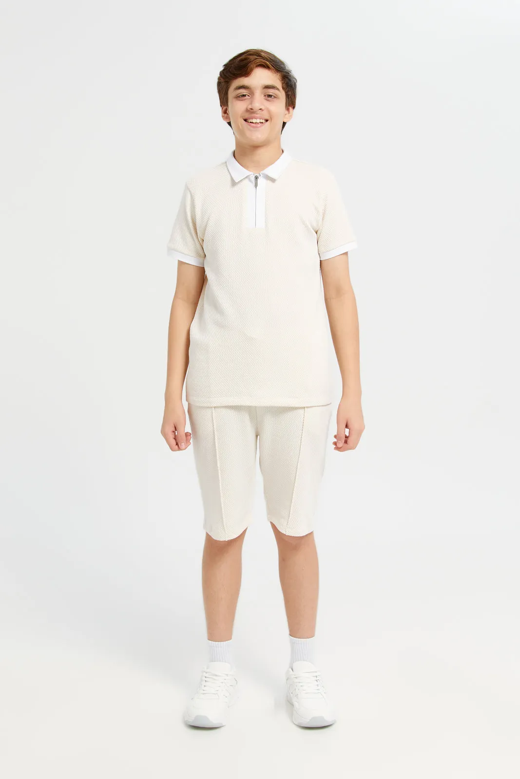 Senior Boys Beige Zip Neck Collared Casual Set (2 Piece)