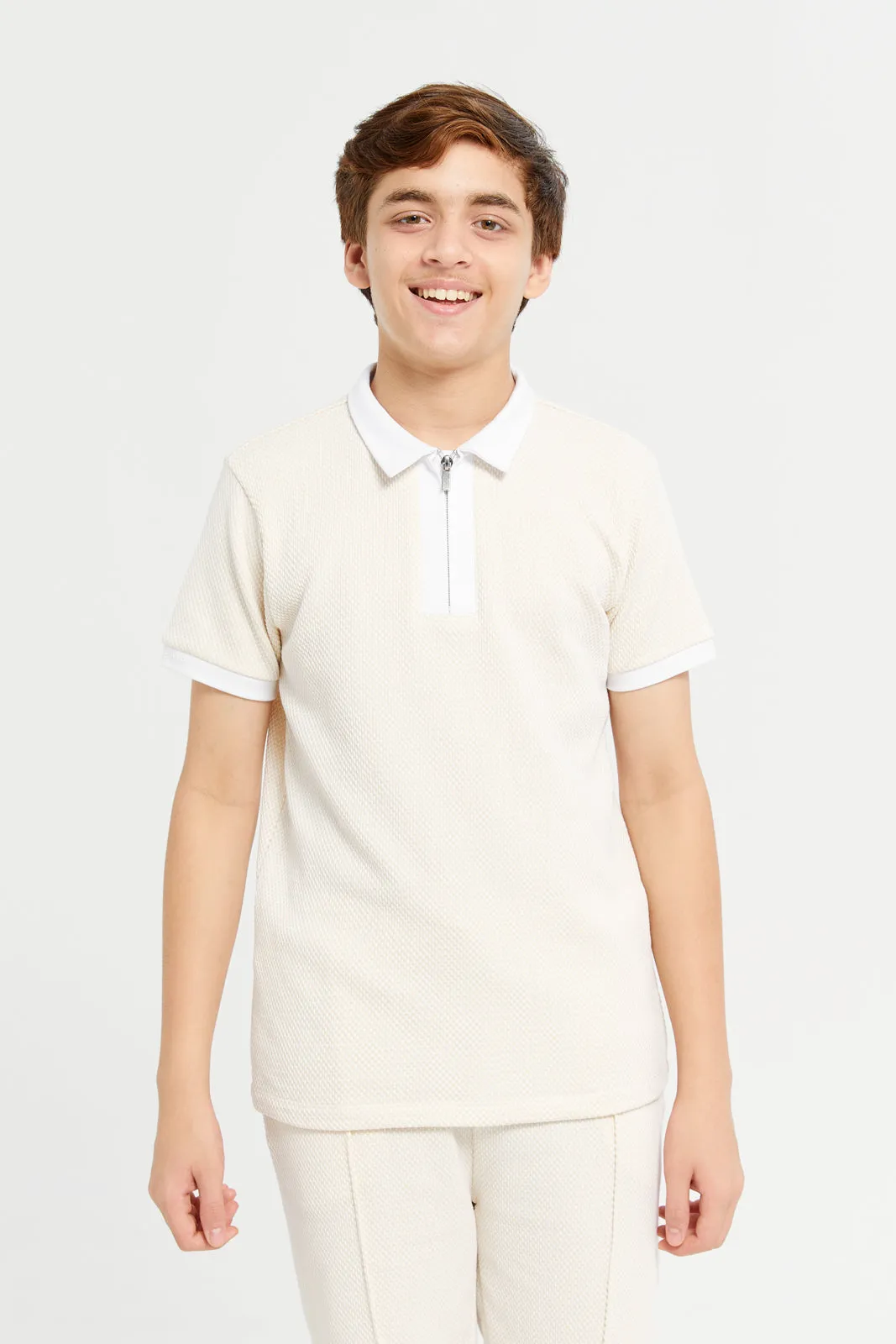 Senior Boys Beige Zip Neck Collared Casual Set (2 Piece)