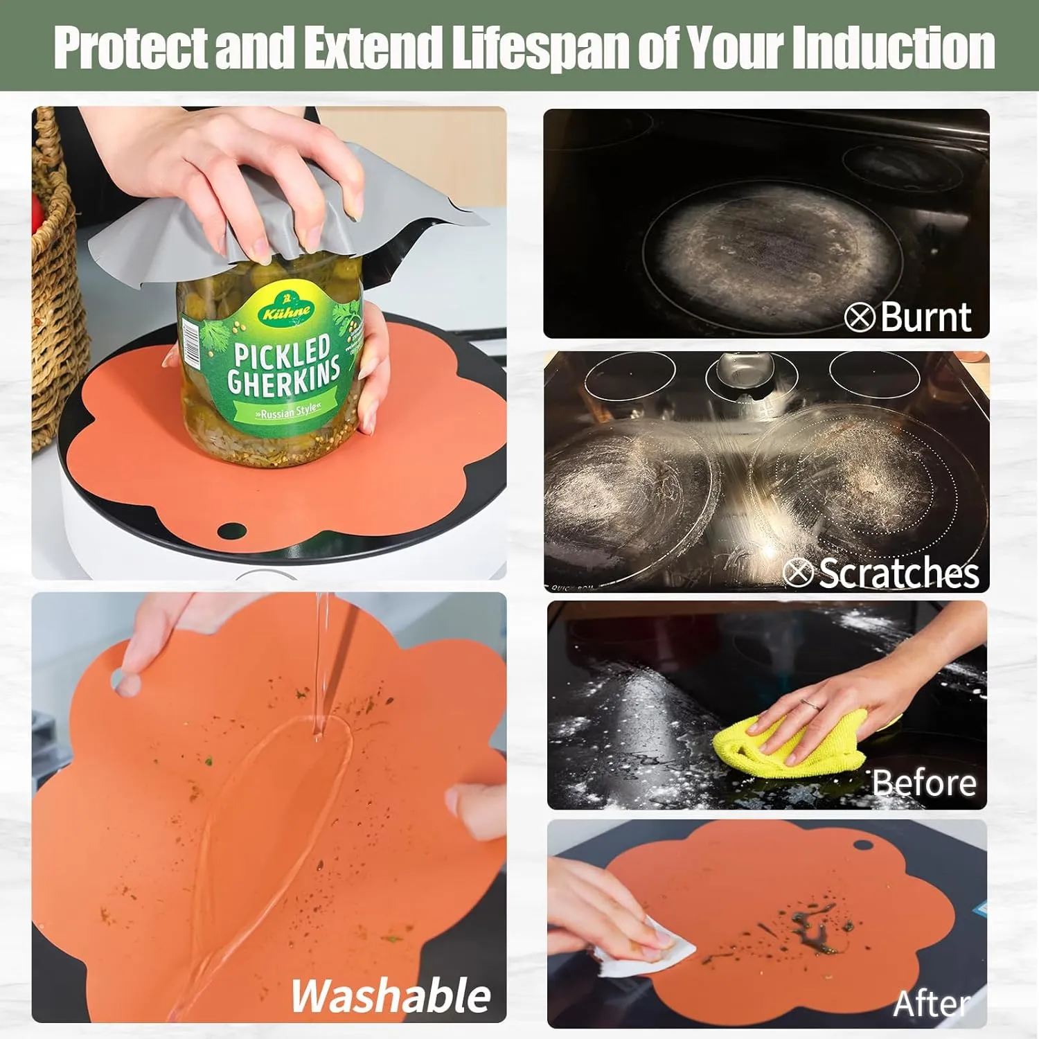 Silicone Induction Cooktop Protector Mat for Cooking 2 Pieces Anti Scratch Mat for Induction Cooktop Non Slip Induction Cook-top Pads Universal Induction Cooker Mat Orange Flower Shape 25cm