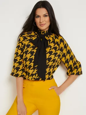 Tall Houndstooth 3/4-Sleeve Bow-Neck Blouse