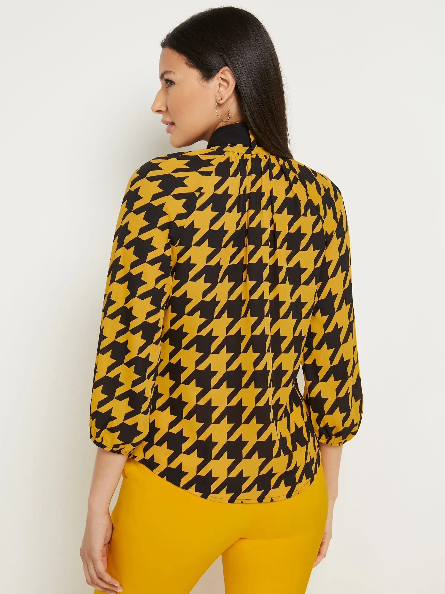 Tall Houndstooth 3/4-Sleeve Bow-Neck Blouse
