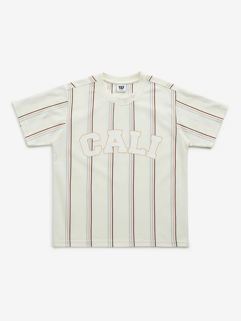 Y&F Kids Off-White Striped Printed T-Shirt